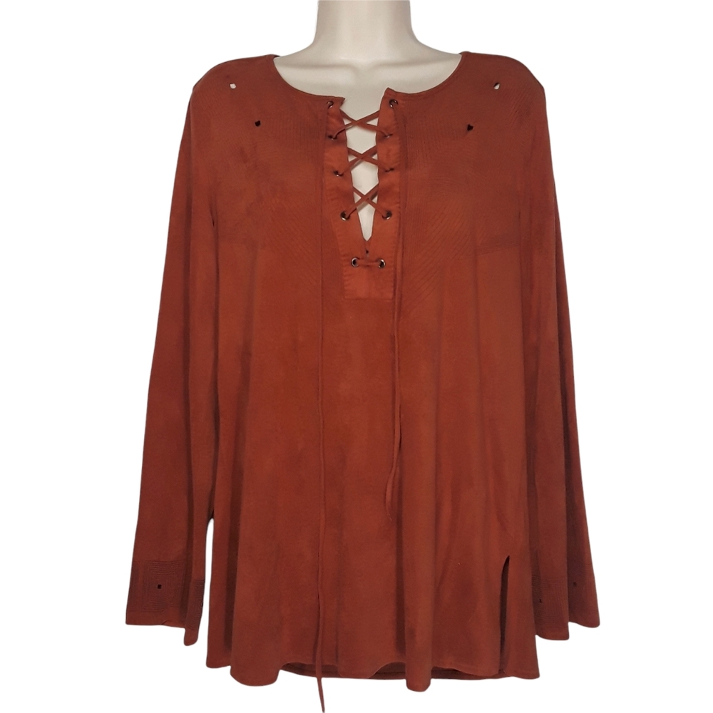 STUDIO M Burnt Orange Suede Like Cut Out Lace Up Boho Top Large